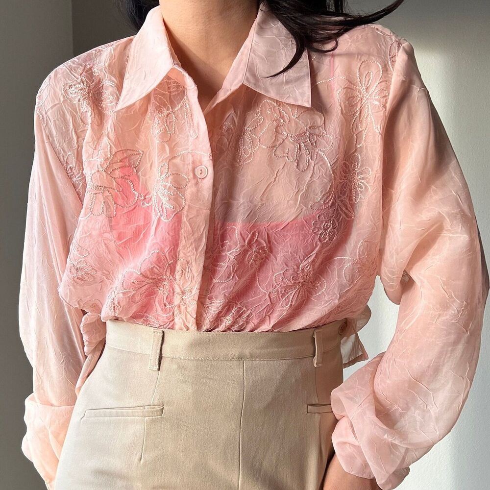 vtg 90s Alfred Dunner‎ Sheer Blouse Womens Size 12W floral peach shirt USA Made - Picture 4 of 9